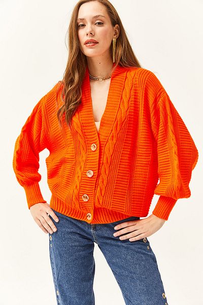 Olalook Cardigan tricot împletit cu păr gros portocaliu pentru femei HRK-19000082