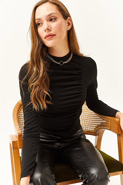 Olalook Bluză de damă neagră cu guler înalt cu volane detaliată din Lycra BLZ-19002408