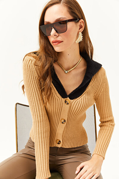 Olalook Kadın Camel Suni Kürk Detaylı Fitilli Triko Hırka HRK-19000249