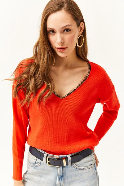 Olalook Orangefarbener Strickpullover mit Spitzendetail für Damen KZK-19000034