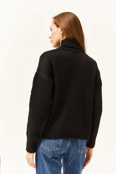 Olalook Pulover de damă negru cu guler rotit cu crestătură moale din tricot KZK-19000680