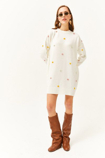 Olalook Women's Ecru Colored Pompom Soft Textured Tunic Dress ELB-19001979