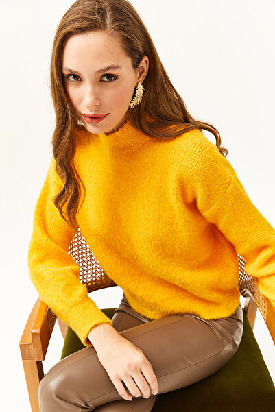 Olalook Women's Yellow Half Turtleneck Soft Textured Bearded Knitwear Sweater KZK-19000679