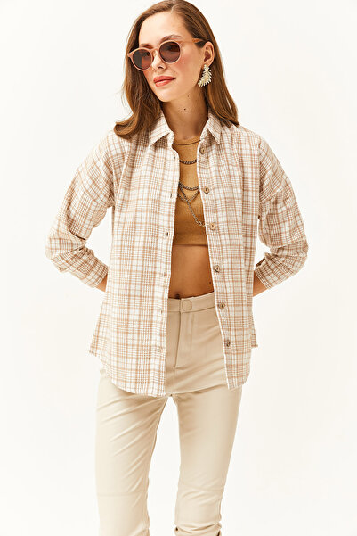 Olalook Dámská kostkovaná dřevorubecká košile Ecru Stone GML-19001153