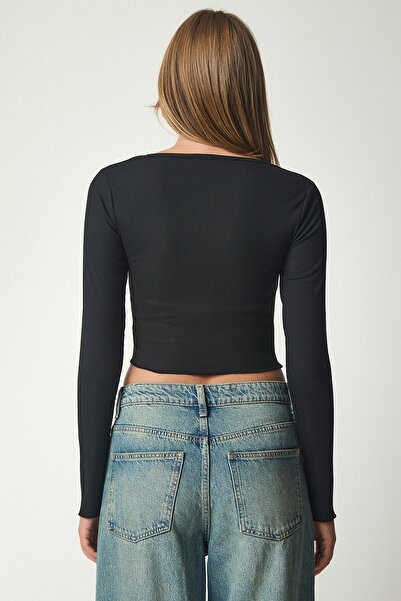 Happiness İstanbul Schwarze, cremefarbene, kurze Strickbluse im 2er-Pack mit V-Ausschnitt für Damen UB00202