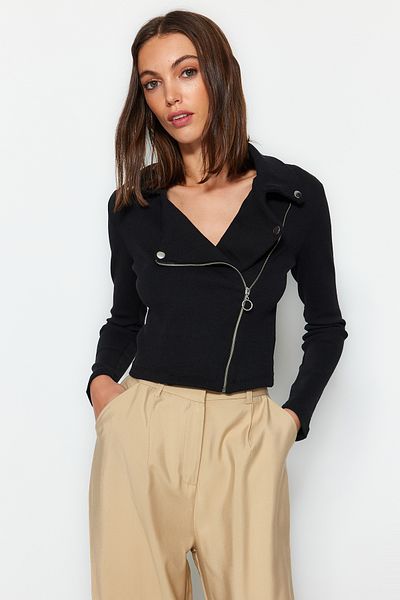Trendyol Collection Czarna, sznurowana, zapinana na zamek, szczegółowo dopasowana/dopasowana, elastyczna kurtka z dzianiny TWOAW24CE00046