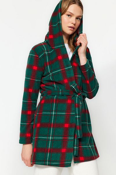 Trendyol Collection Zimní zelený kostkovaný fleecový župan – s kapucí, pletený Thmaw24Sb00020