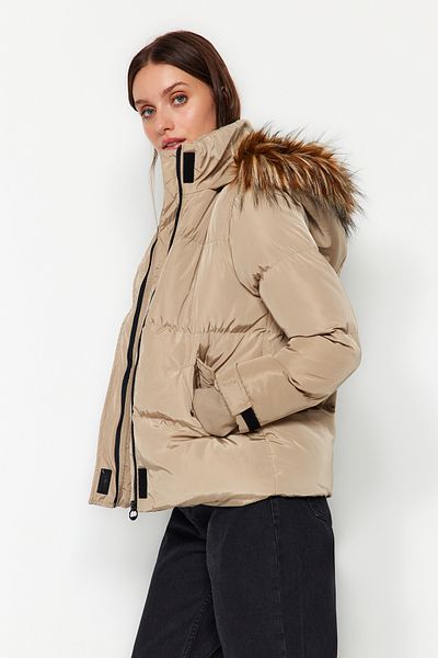 Trendyol Collection Beige Fur Hooded Water Repellent Puffer Jacket TWOAW24MO00370