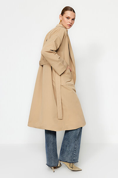 Trendyol Collection Beige Oversize Wide Cut Belted Sleeve Detailed Pocket Water Repellent Long Trench Coat TWOAW24TR00014