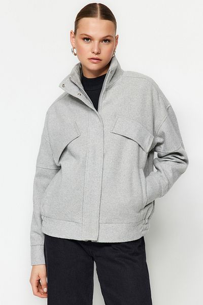 Trendyol Collection Oversize Gray Stamped Bomber Jacket - Twoaw24Mo00331