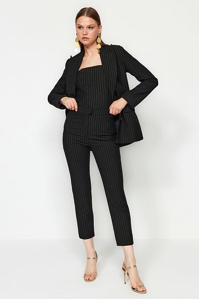 Trendyol Collection Black Shiny Striped Polyviscon Trousers TPRAW24PL00017