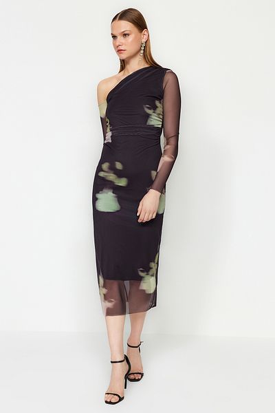 Trendyol Collection Multicolored Floral Pattern Knitted Stylish Evening Dress Night Graduation Dress Tpraw24El00295