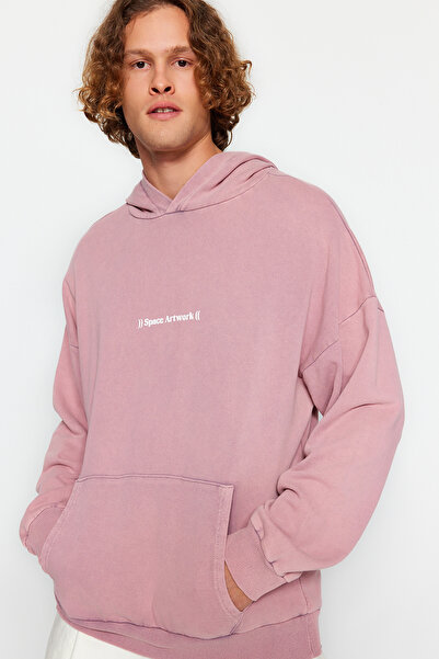 Trendyol Collection Unisex Dusty Rose Oversize Sweatshirt - 100% Cotton, Pale Effect, Space Print Tmnaw24Sw00113