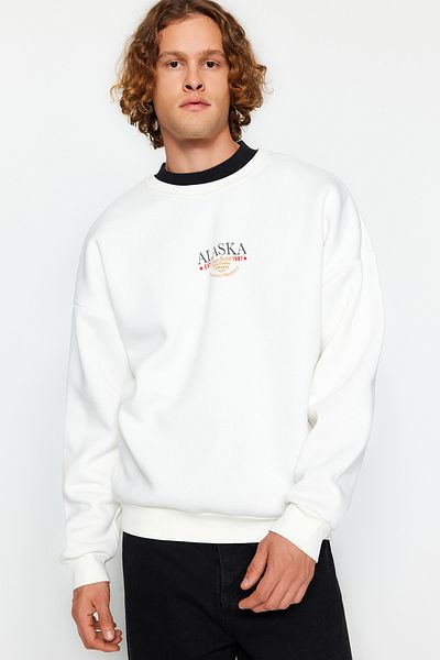 Trendyol Collection Ecru Oversize Fit Crew λαιμόκοψη Βαμβακερή μπλούζα με στάμπα ζώων με φλις μέσα TMNAW24SW00131