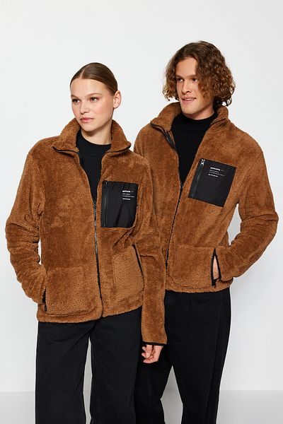 Trendyol Collection Unisex Καφέ βελούδινη ζακέτα - όρθιος γιακάς, φερμουάρ, κανονική εφαρμογή TMNAW24SW00089