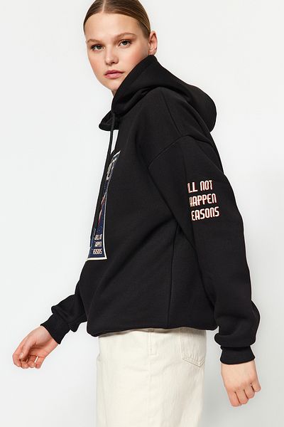 Trendyol Collection Черен дебел полар с отпечатано вътрешно пространство Oversize/широка плетена суичър TWOAW24SW00407