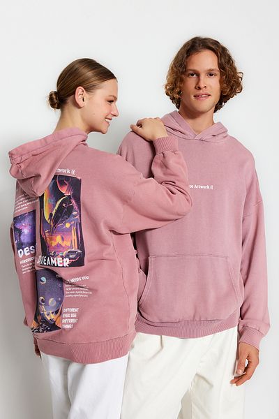 Trendyol Collection Unisex Dusty Rose Oversize Sweatshirt - 100% Cotton, Pale Effect, Space Print Tmnaw24Sw00113