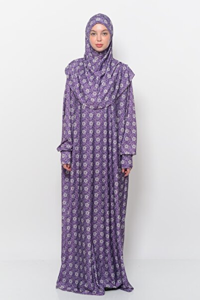 Altobeh Πρακτικό μονοκόμματο φόρεμα προσευχής με μοτίβο ήλιου με μανίκια με μαντίλα Lycra Hijab 990-0302