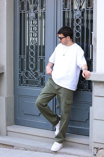 HYMAN Men's Cargo Pocket Baggy Trousers Khaki