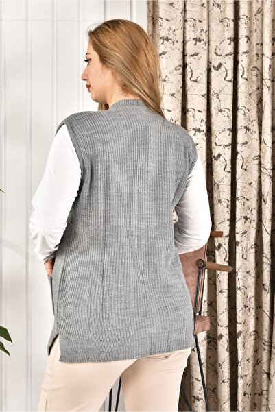 Genel Markalar Kadın Üzeri Düğmeli Triko Anne Yeleği Büyük Beden Cepli Rahat Kesim Fitilli