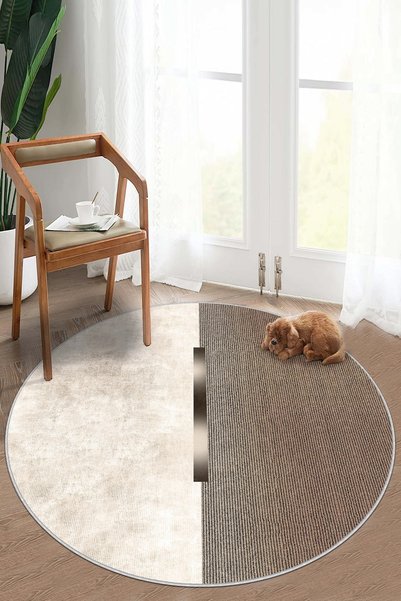 Lavita Home Dijital Baskı Yıkanabili Kaymaz Bej Yuvarlak Salon Halısı Mutfak ...