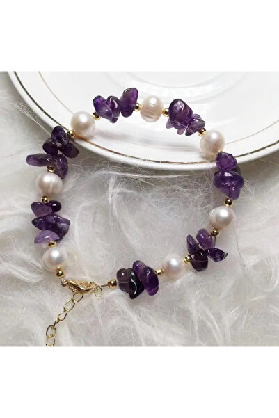 Hazeran accessories Gerçek İncili Amatist Doğal Taşlı Bileklik