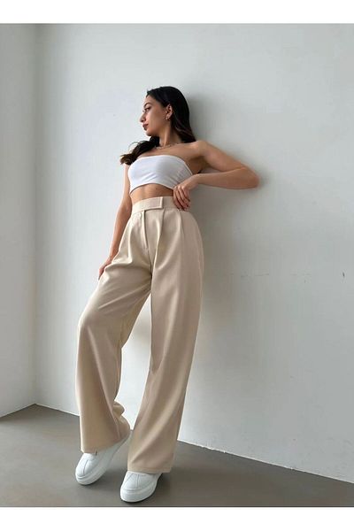 LAMİRAMOOD Pantaloni Palazzo cu talie înaltă cu velcro bej Neva pentru femei