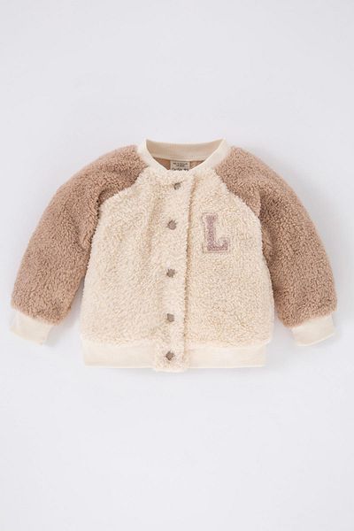DeFacto Welsoft Plüsch-Bomber-Cardigan für Babys mit besticktem College-Kragen und Druckknopfverschluss B1306a523wn
