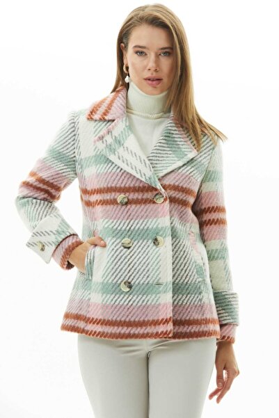 Selen Giyim Kruvaze Yaka Ekose Kaban