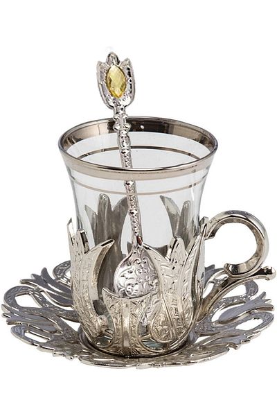 Demmex 6-Piece Tea Cup Plate and Spoon Set with Rice Holder.Silver Plated 24 Pieces