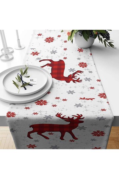 linazaitun New Year's Deer And Snowflakes Stain Resistant Fabric Runner