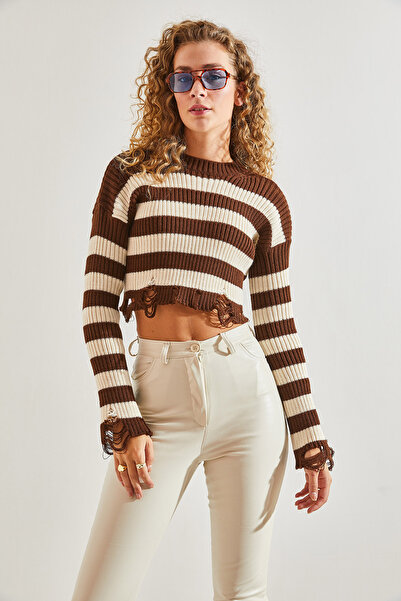 Bianco Lucci Dámský roztrhaný vzorovaný pletený proužkovaný svetr