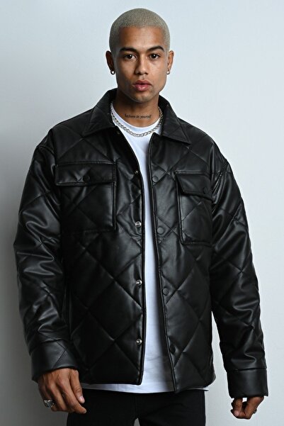 İLKCET MODA Double Pocket Lined Leather Quilted Coat