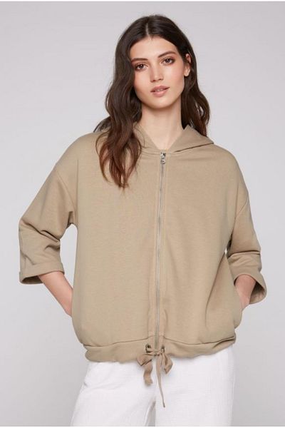 BUTİK MUSON Zippered Hooded Cardigan Oversize Three-Quarter Sleeve Sweatshirt Large Size