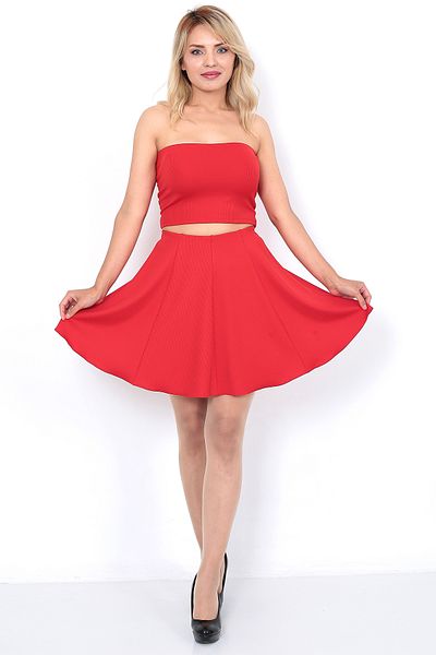 WAYS Women's Red Ribbed 8-Piece Mini Flared Skirt