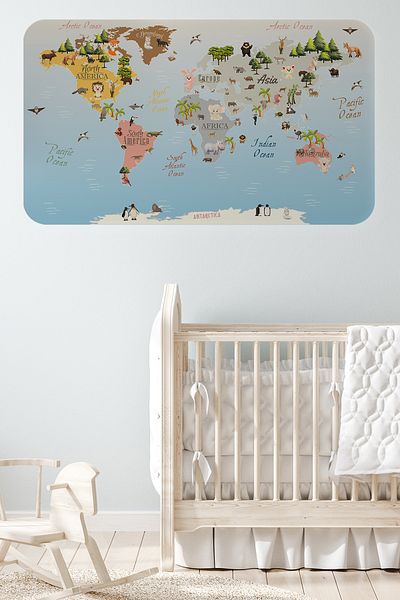 SHANLİVA Educational World Map World Atlas Children's and Baby's Room Wall Sticker-85x130-3824