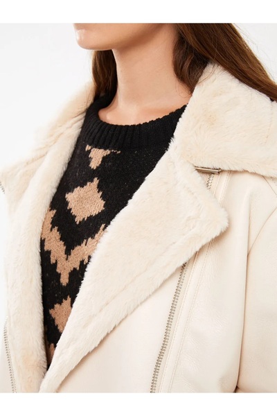 LC Waikiki LCW Casual Biker Yaka Düz Uzun Kollu Kadın Deri Görünümlü Mont