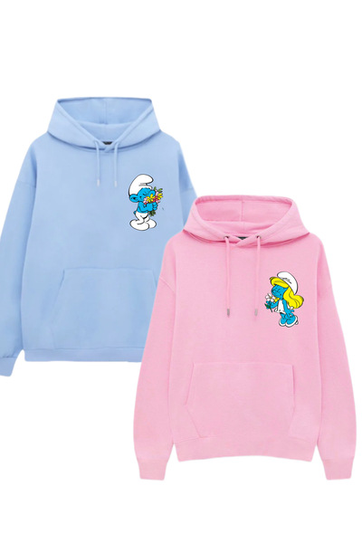 VENHENA Blue - Pink Smurfs 2-Piece Hooded Sweatshirt Lover Couple Combinations