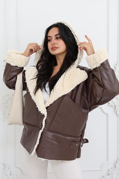 MYA Women's Fur Detailed Buttoned Oversize Faux Leather Coat, Stylish Women's Coat