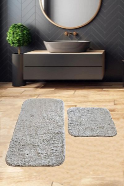 Dinarsu DİNARSU Non-Slip Base Bath Mat Plush 2-Piece Toilet Seat Set White Washable 50*60-60*100