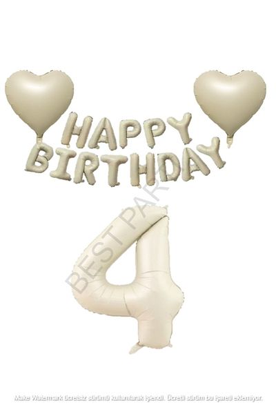 BEST PARTİ DOĞUM GÜNÜ PARTİ SÜSLERİ Beige Color Happy Birthday Set Heart and Number Foil Balloon Set Age 4
