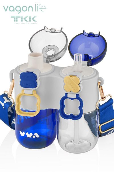 Vagonlife TKK Single Body Double Bowl 2*400 800ml Liquid Capacity with Neck Strap with Straw / Comfortable Drinking Tritan Flask