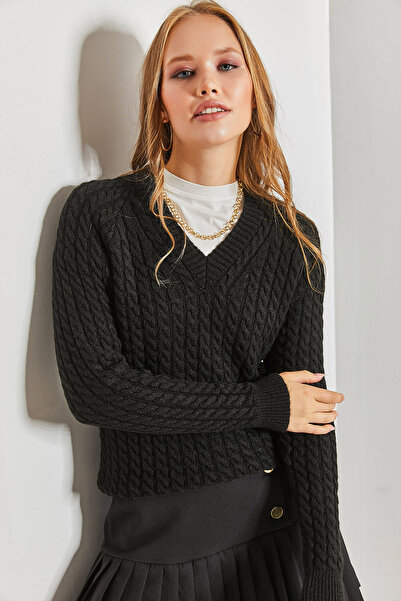 Bianco Lucci Kadın Siyah Saç Örgülü Kazak