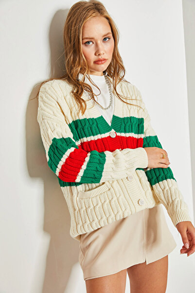 Bianco Lucci Γυναικεία πλεκτή ζακέτα με ριγέ κουμπιά