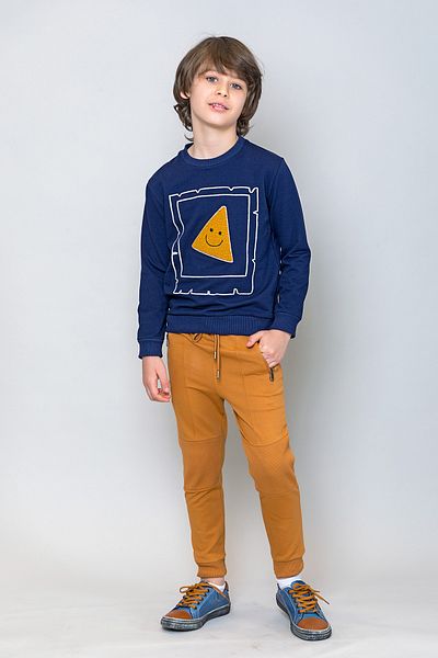 incity Boy's Navy Blue Smiling Pizza Slice Embroidered Sweatshirt