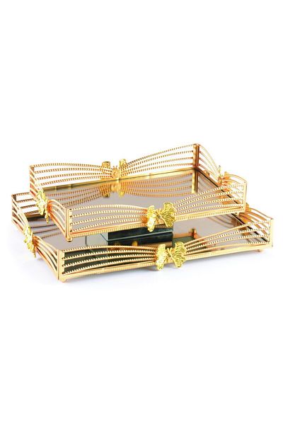HELVACIOĞLU AKSESUAR Bow Butterfly Patterned Tea Coffee Presentation Tray 2 Sizes (18X29 cm - 26X35 cm) Gold