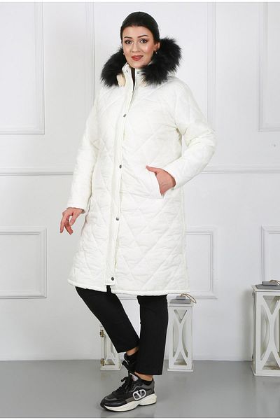 By Alba Collection Γυναικείο παλτό από λευκό μακρύ τσαλακωμένο ύφασμα εσωτερικά μαλλί Plus Size