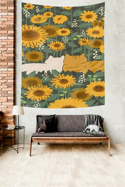 Latibule Cute Cats Between Sunflowers Stain Resistant Fabric Wall Cloth Wall ...