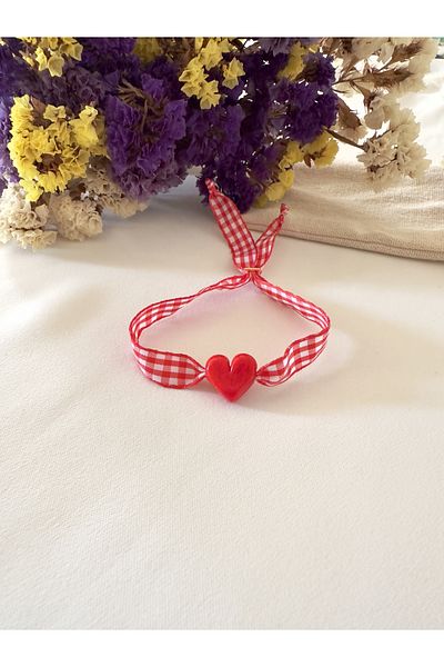 Atelier Çağla Red Murano Glass Gingham Heart Bracelet