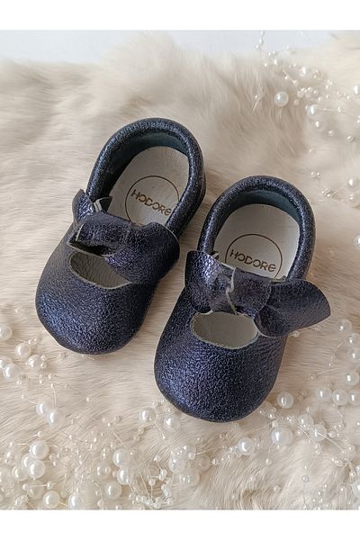 Hodore Alice Silvery Navy Blue Genuine Leather Baby Loafer Booties